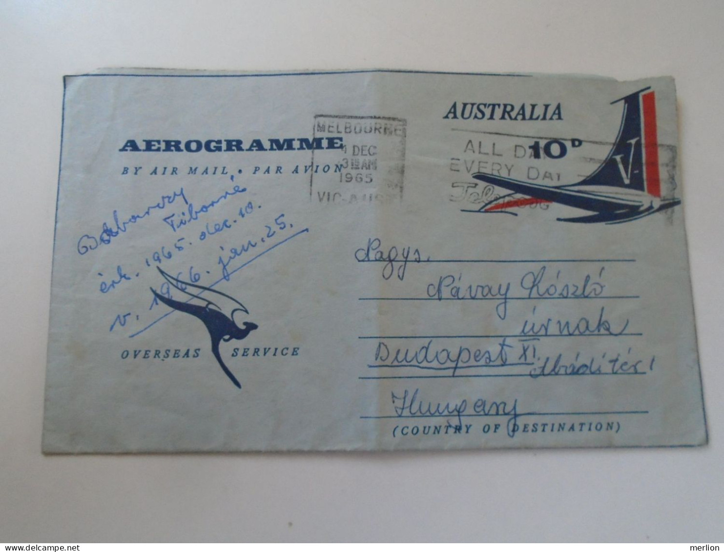 ZA454.50  Australia -Auerogramme  1965  Melbourne -sent To Hungary - Aerogramme