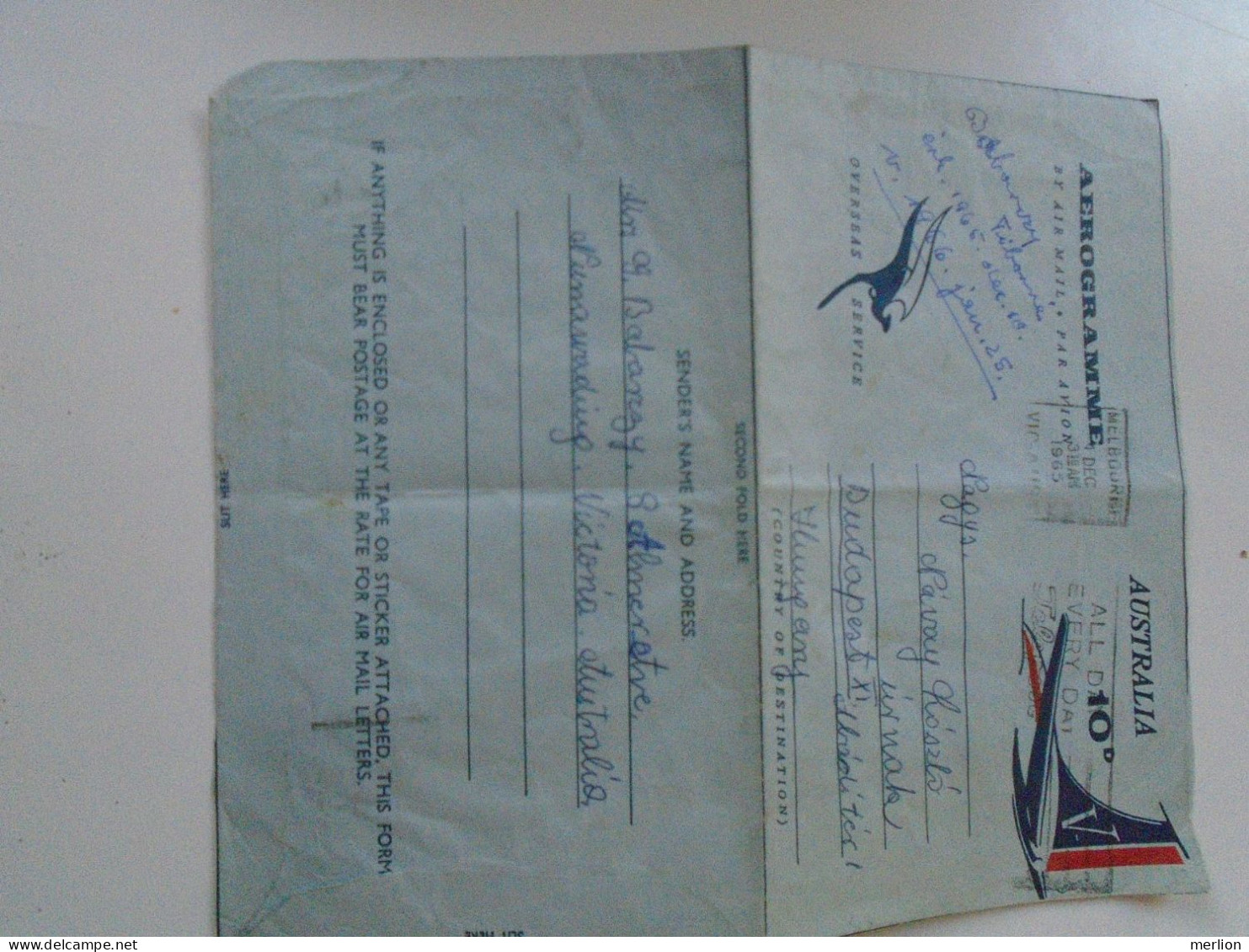 ZA454.50  Australia -Auerogramme  1965  Melbourne -sent To Hungary - Luchtpostbladen