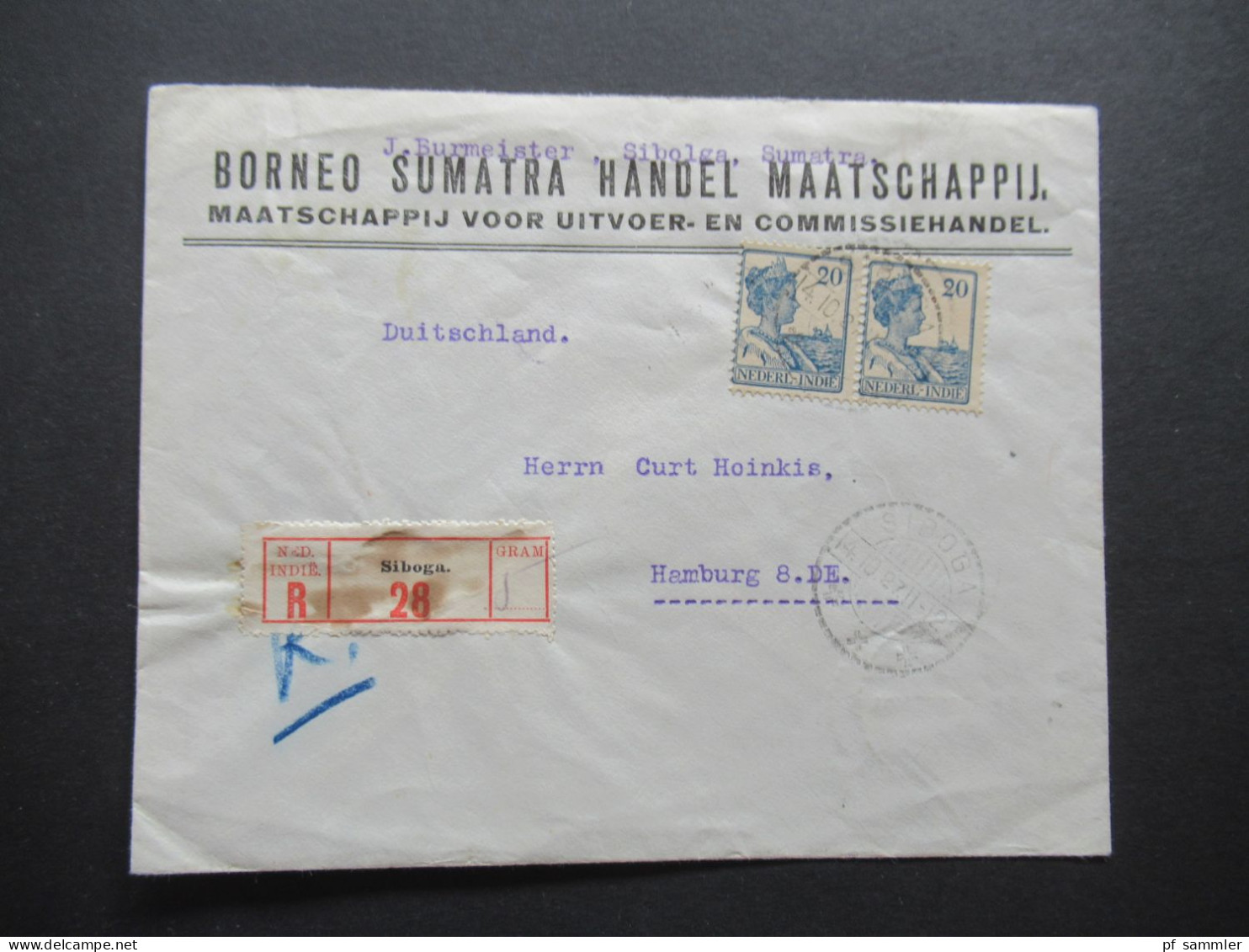 Niederländisch Indien 1927 Firmenumschlag Borneo Sumatra Handel Maatschapij. Einschreiben Siboga - Hamburg - Indes Néerlandaises