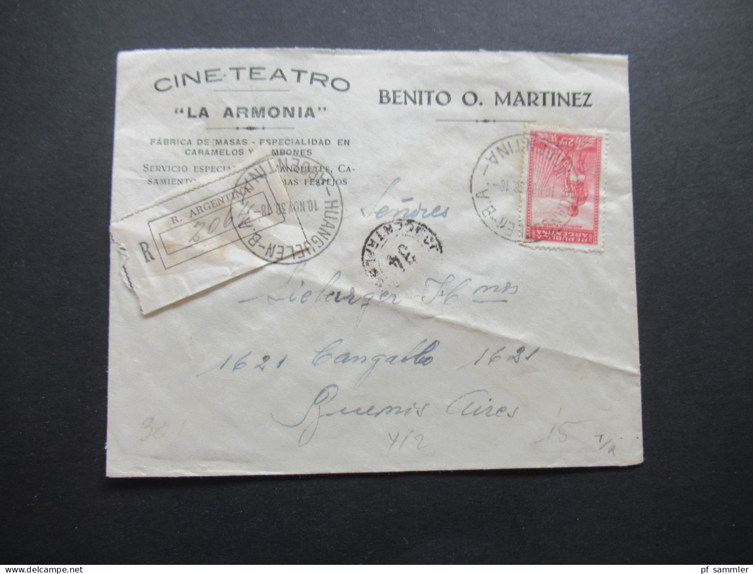 Argentinien 1938 Dekorativer Umschlag Cine - Teatro La Armonia Benito O. Martinez Einschreiben / Registered Letter - Covers & Documents