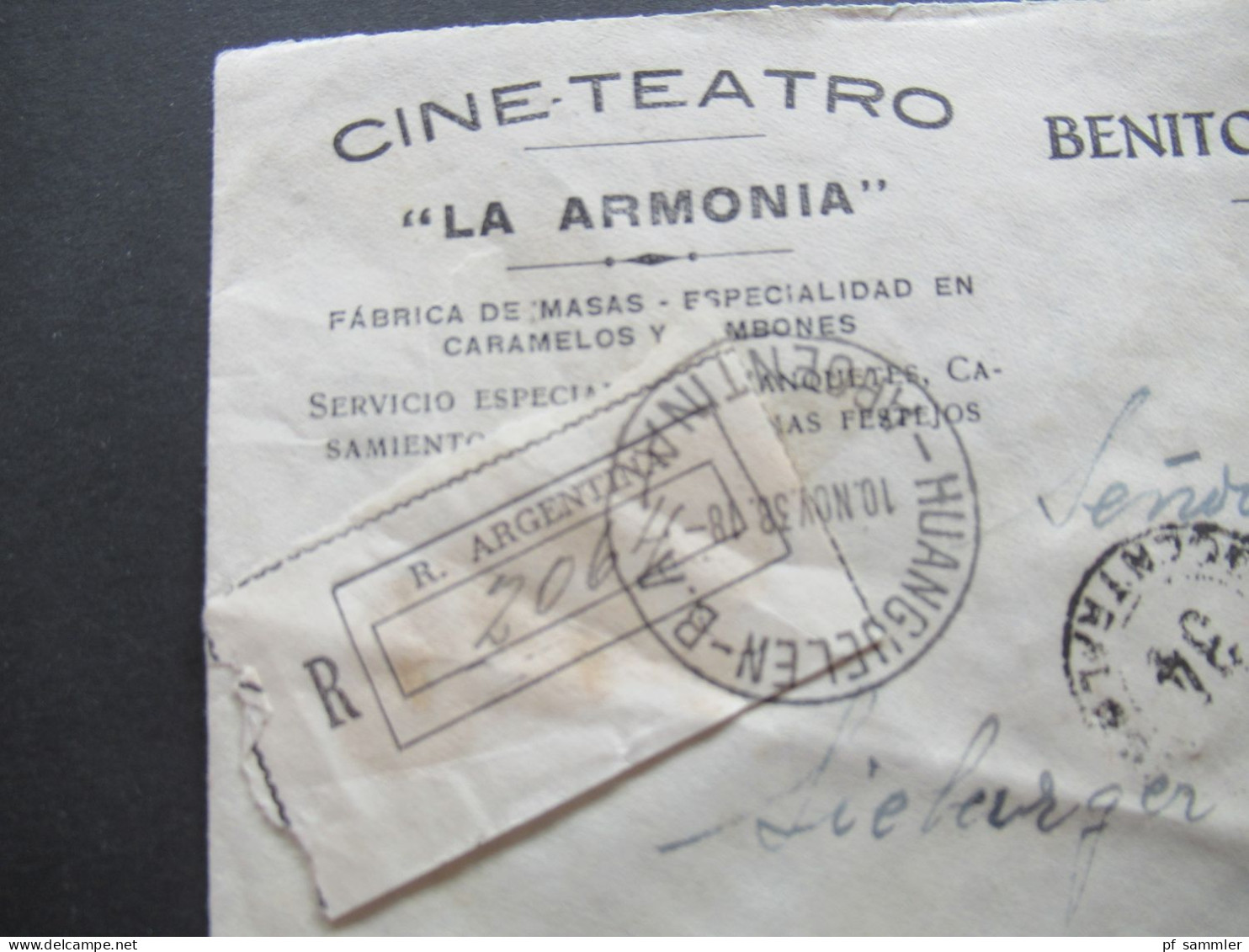 Argentinien 1938 Dekorativer Umschlag Cine - Teatro La Armonia Benito O. Martinez Einschreiben / Registered Letter - Covers & Documents