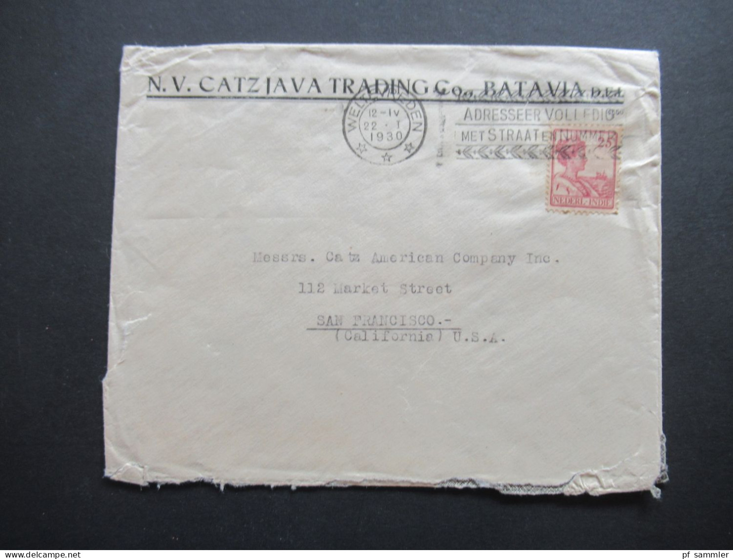 Niederländisch Indien 1930 N.V. Catzjava Trading Co. Batavia Stempel Weltevreden Nach San Francisco USA - Indie Olandesi