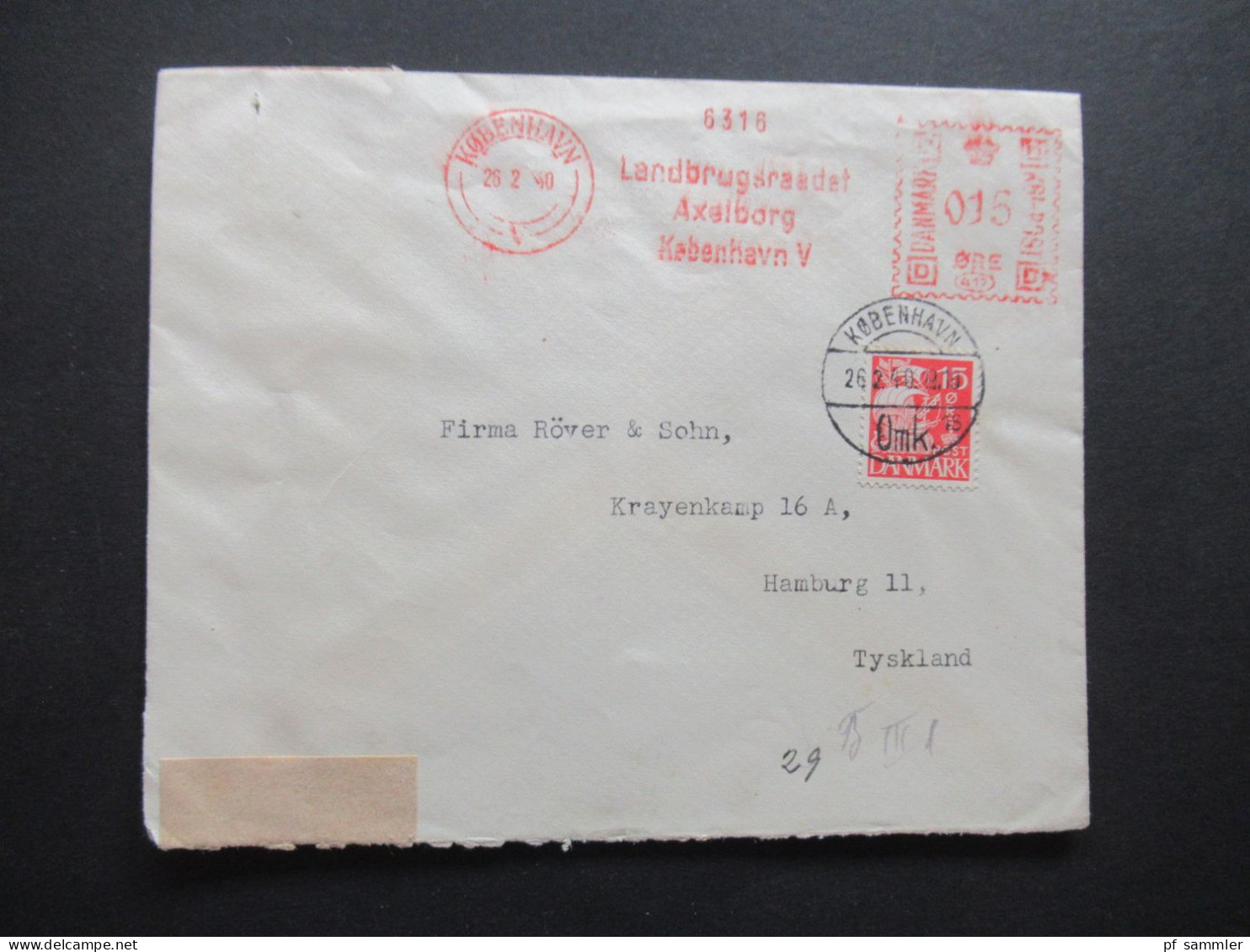 Dänemark 1940 OKW Zensur Geprüft Freistempel Landbrugsraadet Axelborg Kobenhavn + Marke Nach Hamburg - Storia Postale