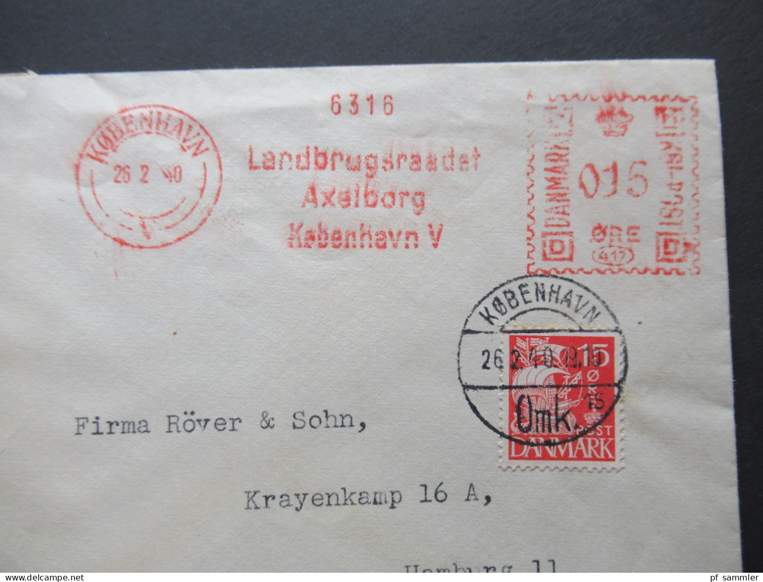 Dänemark 1940 OKW Zensur Geprüft Freistempel Landbrugsraadet Axelborg Kobenhavn + Marke Nach Hamburg - Brieven En Documenten