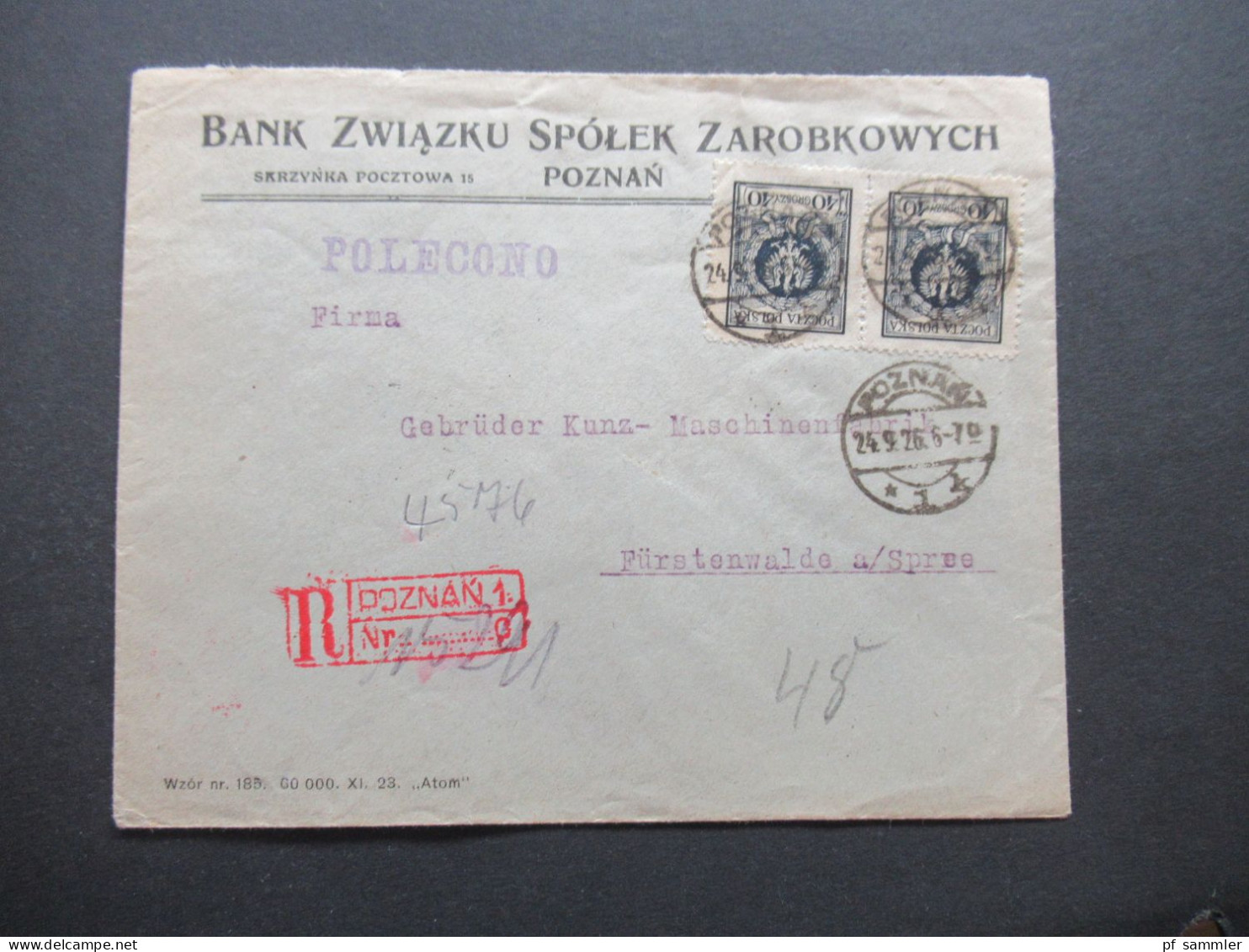 Polen 1926 Umschlag Bank Zwiazku Spolek Zarobkowyach Poznan / Posen Einschreiben Gest. R-Zettel Poznan 1. - Cartas & Documentos