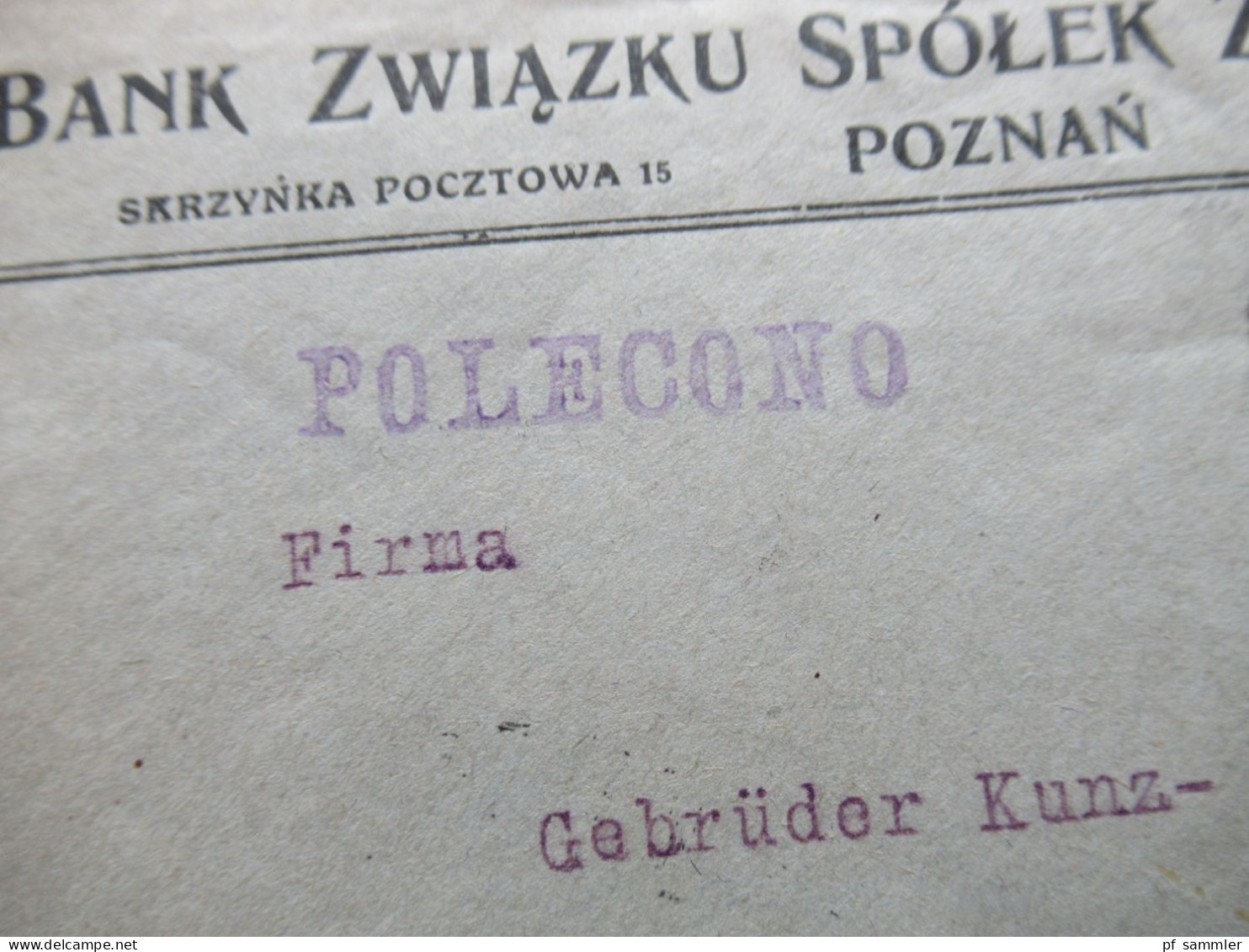 Polen 1926 Umschlag Bank Zwiazku Spolek Zarobkowyach Poznan / Posen Einschreiben Gest. R-Zettel Poznan 1. - Lettres & Documents