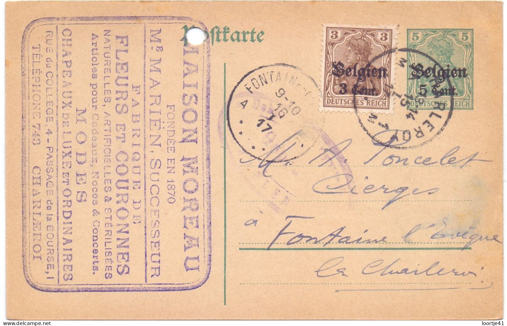 Briefkaart Carte Postale Postkarte Duitse Bezetting - Maison Moreau Charleroi à Fontaine L'Eveque - 1917 - Duitse Bezetting