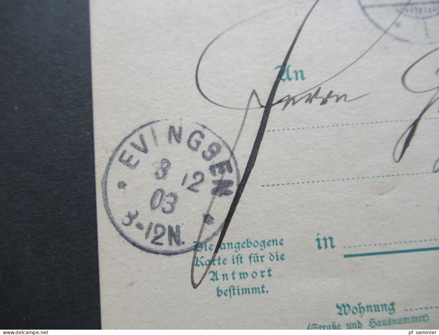 DR Germania GA 1903 Fragekarte Mit Flaggenstempel Mannheim 1 Nach Evingsen In Westfalen Mit K1 Ank. Stempel Evingsen - Briefkaarten