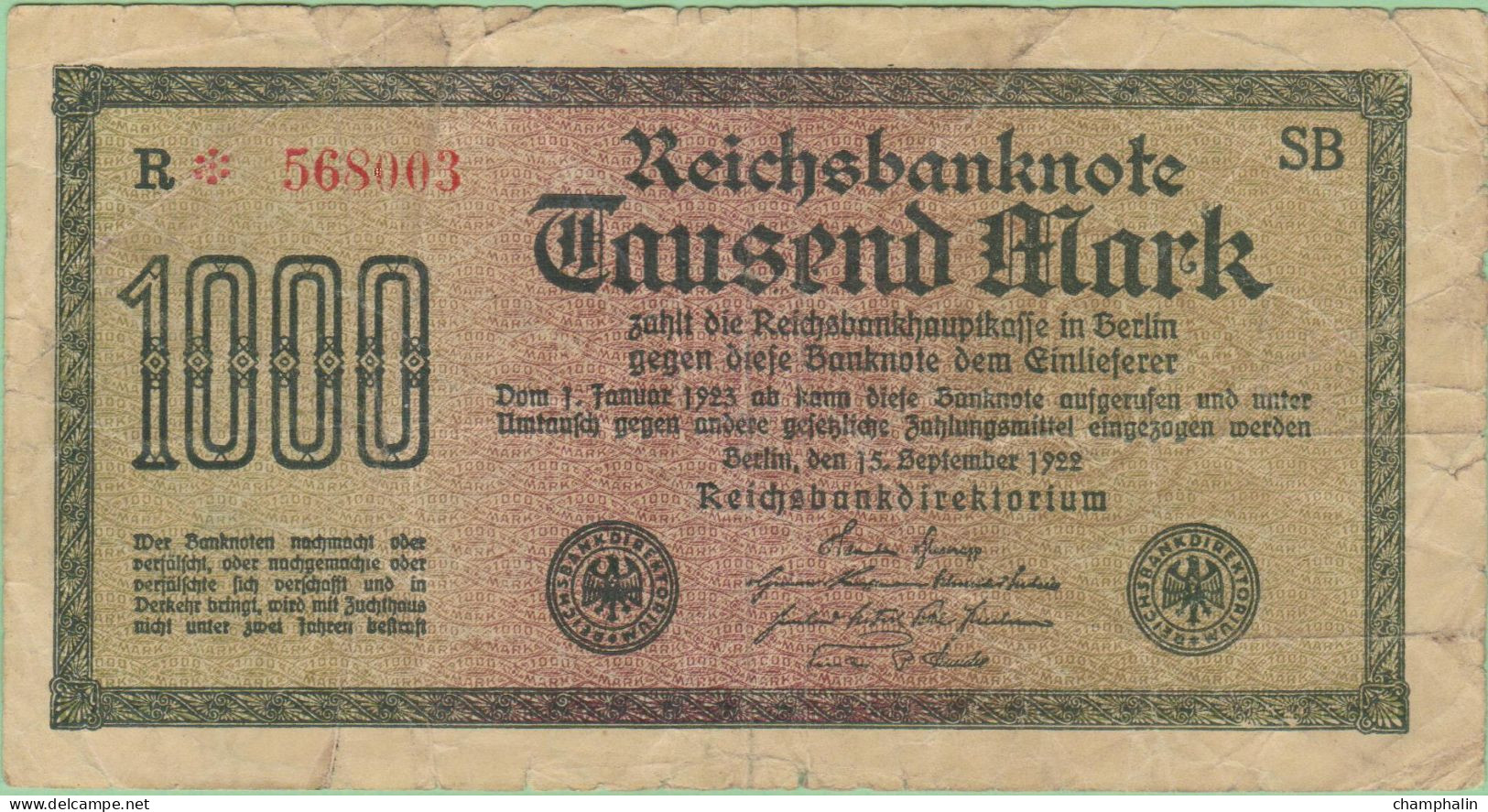 Allemagne - Billet De 1000 Mark - 15 Septembre 1922 - P76b - 1.000 Mark