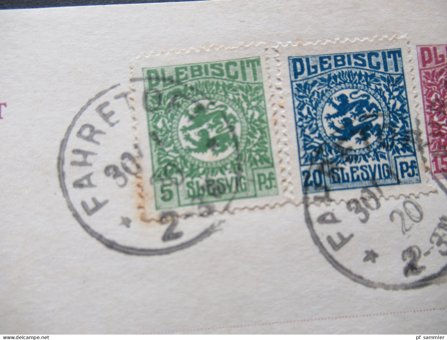 30.1.1920 DR Abstimmungsgebiet Schleswig / Slesvig  Ganzsache P 3 Mit Zusatzfrankaturen Und Tagesstempel Fahretoft - Schleswig