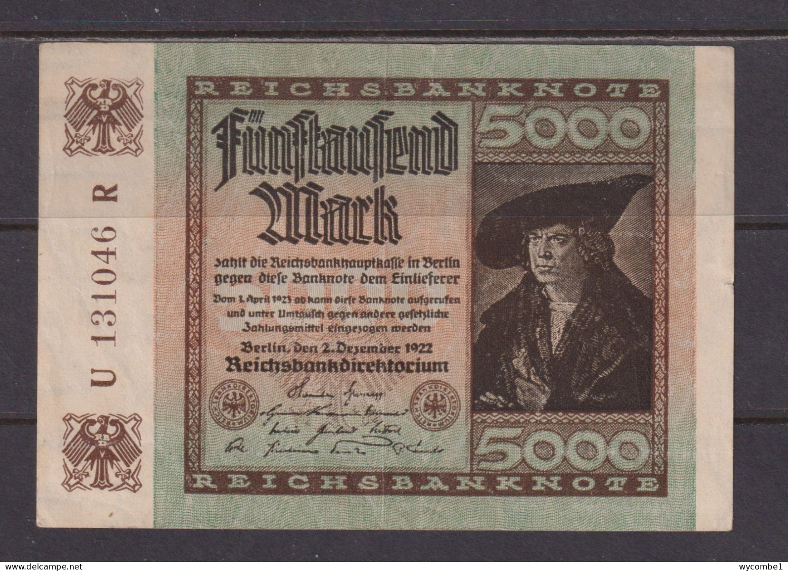 GERMANY - 1922 5000 Mark Circulated Banknote As Scans - 5000 Mark