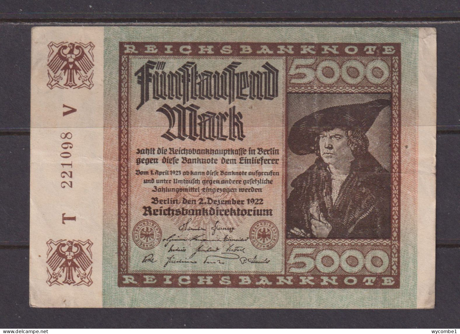 GERMANY - 1922 5000 Mark Circulated Banknote As Scans - 5.000 Mark