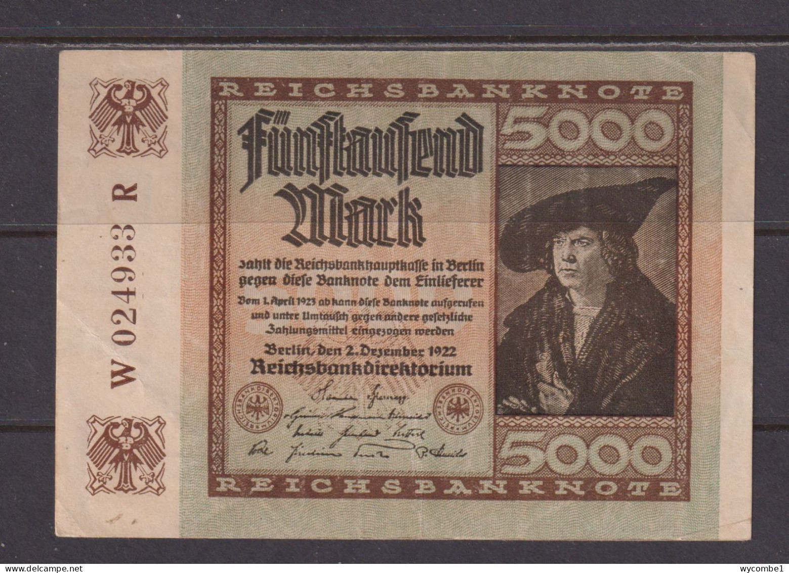 GERMANY - 1922 5000 Mark Circulated Banknote As Scans - 5000 Mark