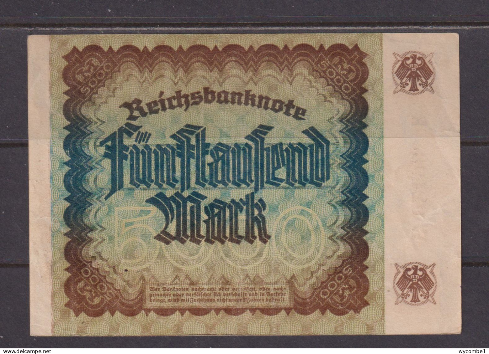 GERMANY - 1922 5000 Mark Circulated Banknote As Scans - 5.000 Mark