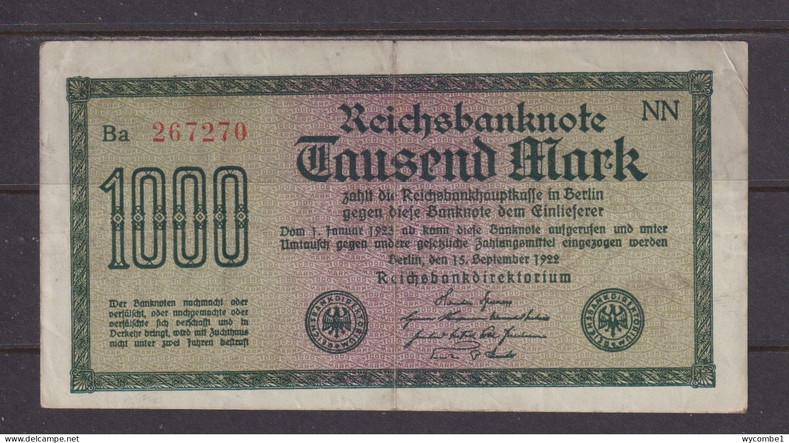 GERMANY - 1922 1000 Mark Circulated Banknote As Scans - 1000 Mark