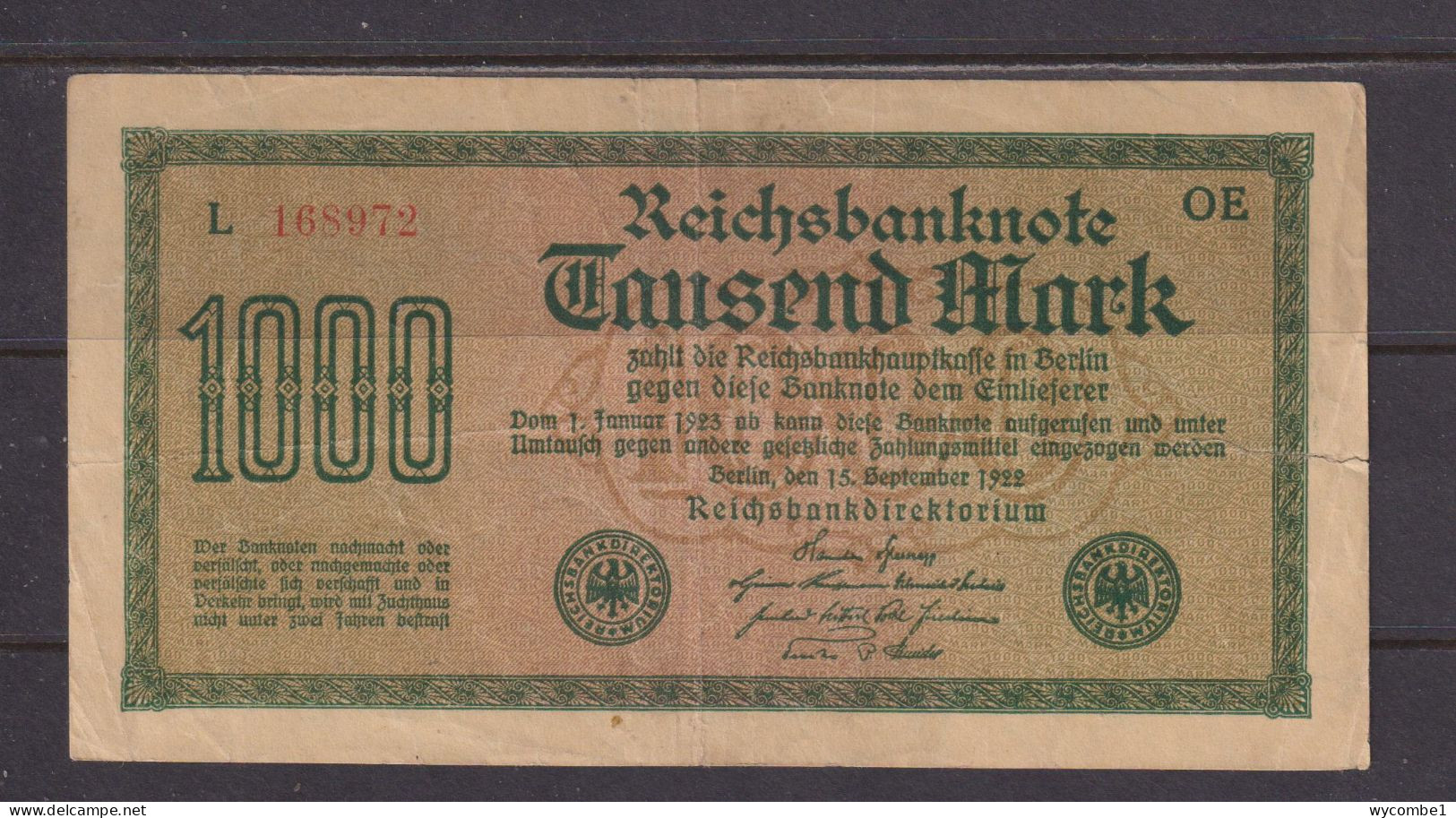 GERMANY - 1922 1000 Mark Circulated Banknote As Scans - 1000 Mark