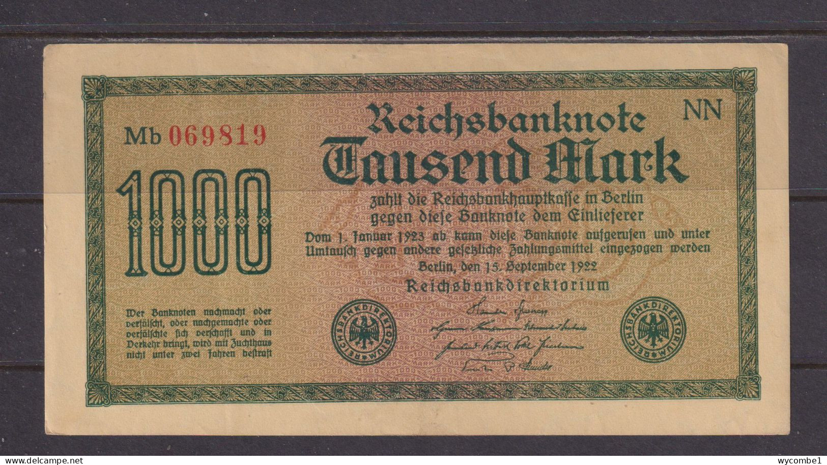 GERMANY - 1922 1000 Mark Circulated Banknote As Scans - 1.000 Mark