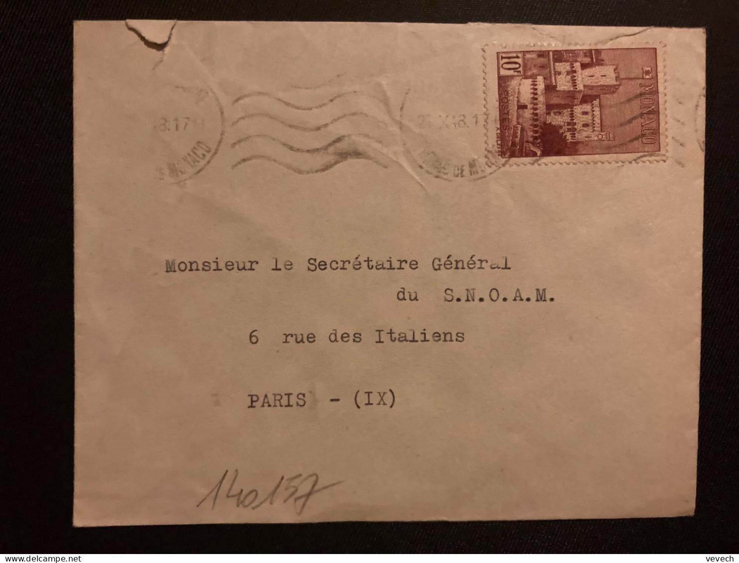 LETTRE Pour La FRANCE TP 10F OBL.MEC.21 X 48 MONACO CONDAMINE - Cartas & Documentos