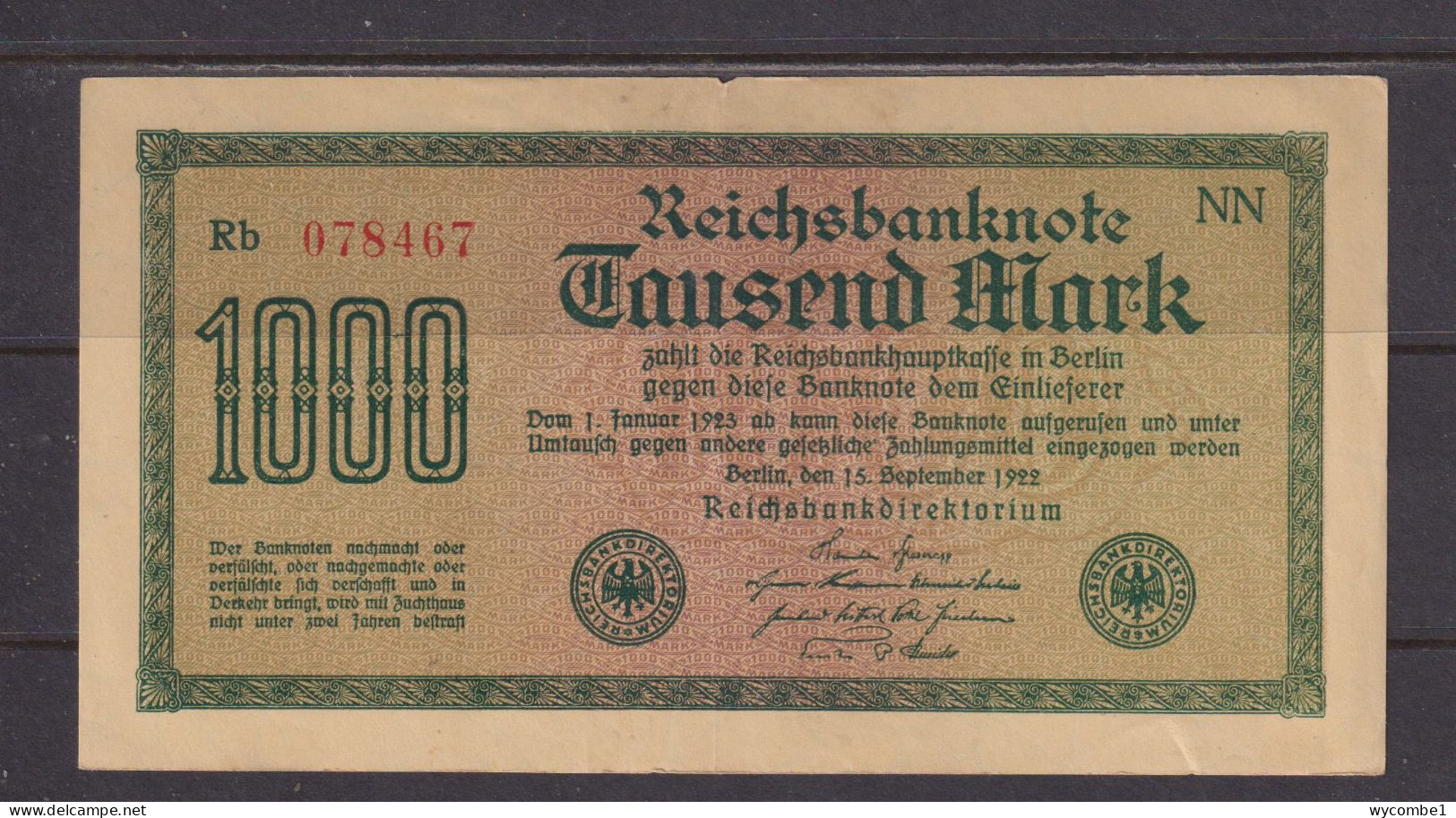 GERMANY - 1922 1000 Mark Circulated Banknote As Scans - 1.000 Mark