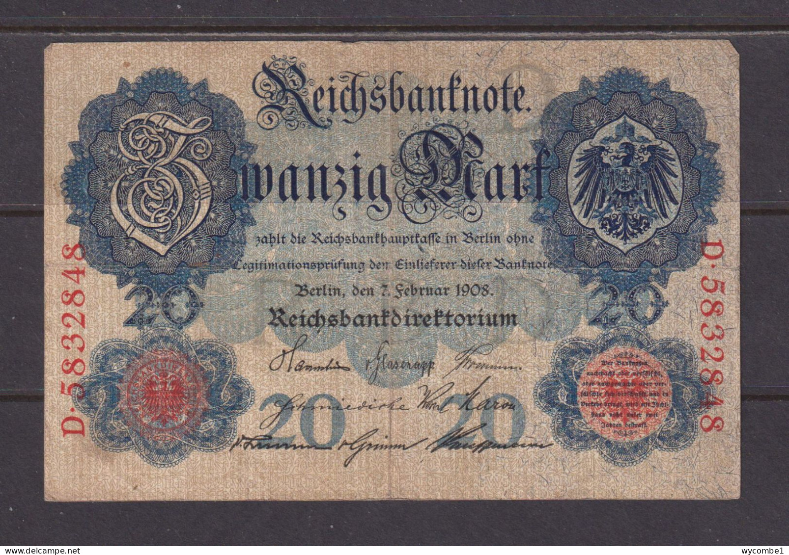 GERMANY - 1908 20 Mark Circulated Banknote As Scans - 20 Mark