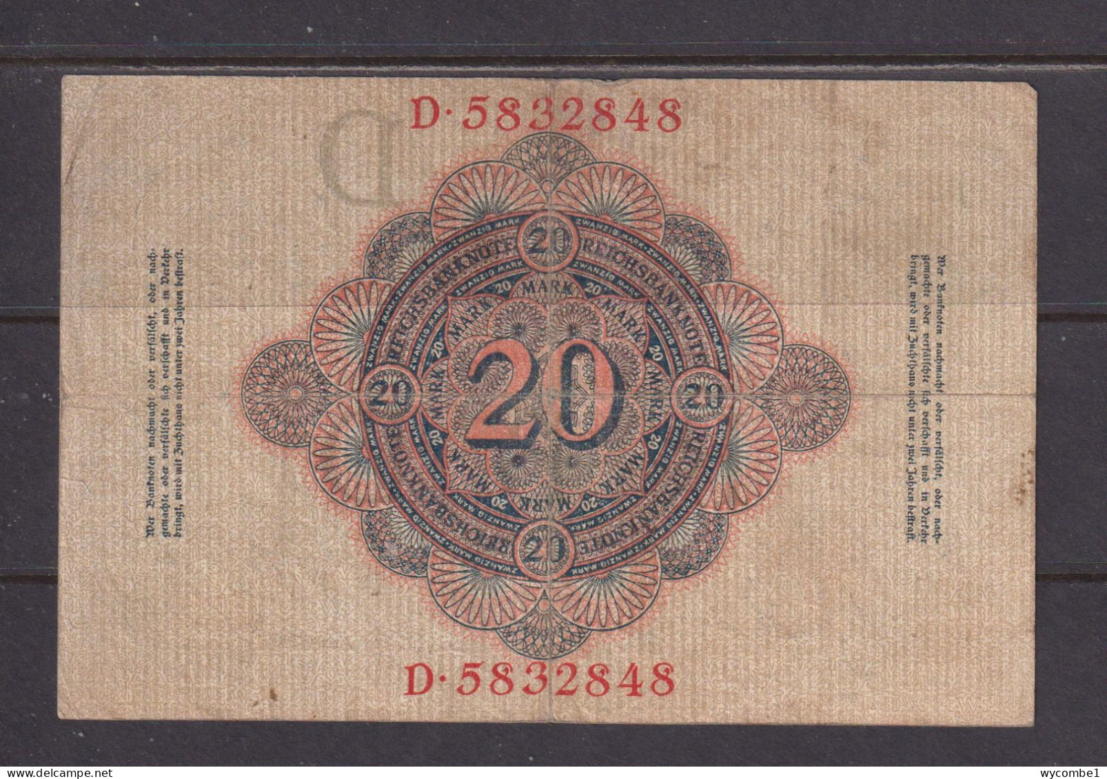 GERMANY - 1908 20 Mark Circulated Banknote As Scans - 20 Mark
