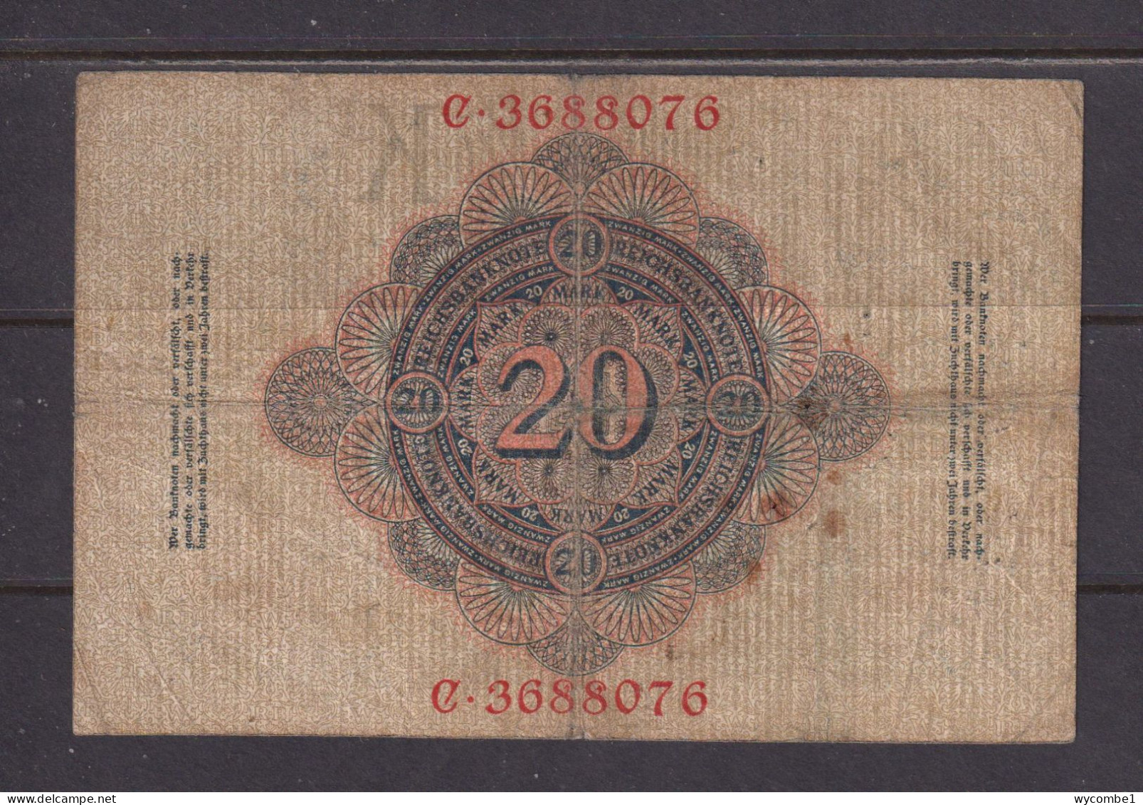 GERMANY - 1908 20 Mark Circulated Banknote As Scans - 20 Mark