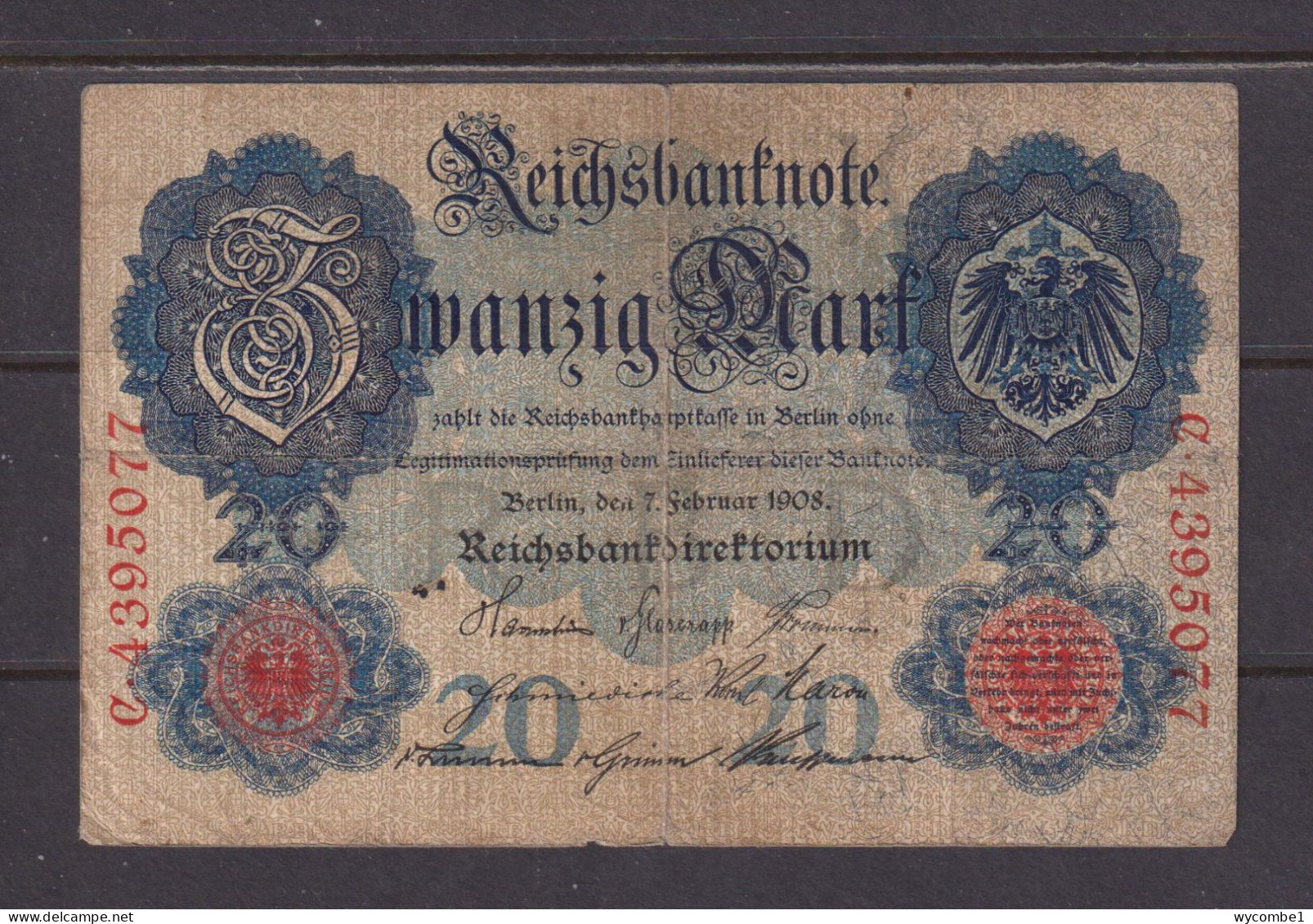 GERMANY - 1908 20 Mark Circulated Banknote As Scans - 20 Mark