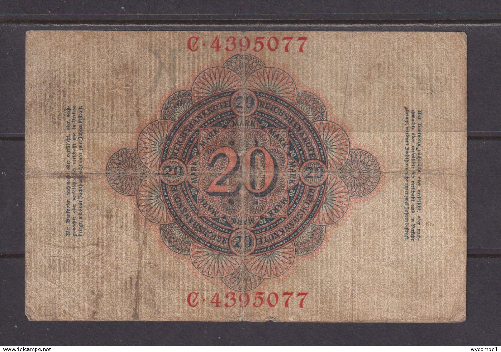 GERMANY - 1908 20 Mark Circulated Banknote As Scans - 20 Mark