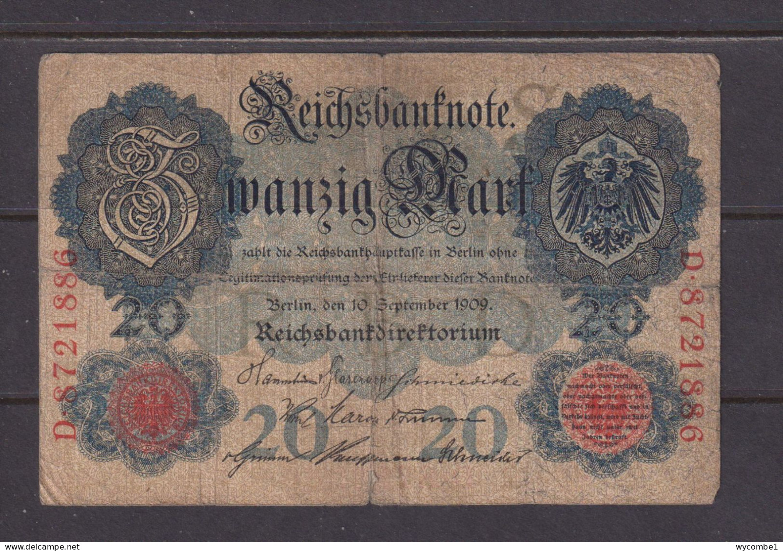 GERMANY - 1909 20 Mark Circulated Banknote As Scans - 20 Mark