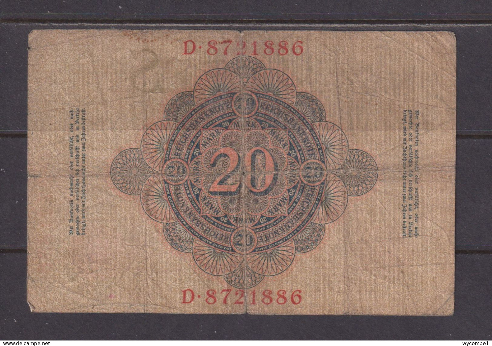 GERMANY - 1909 20 Mark Circulated Banknote As Scans - 20 Mark