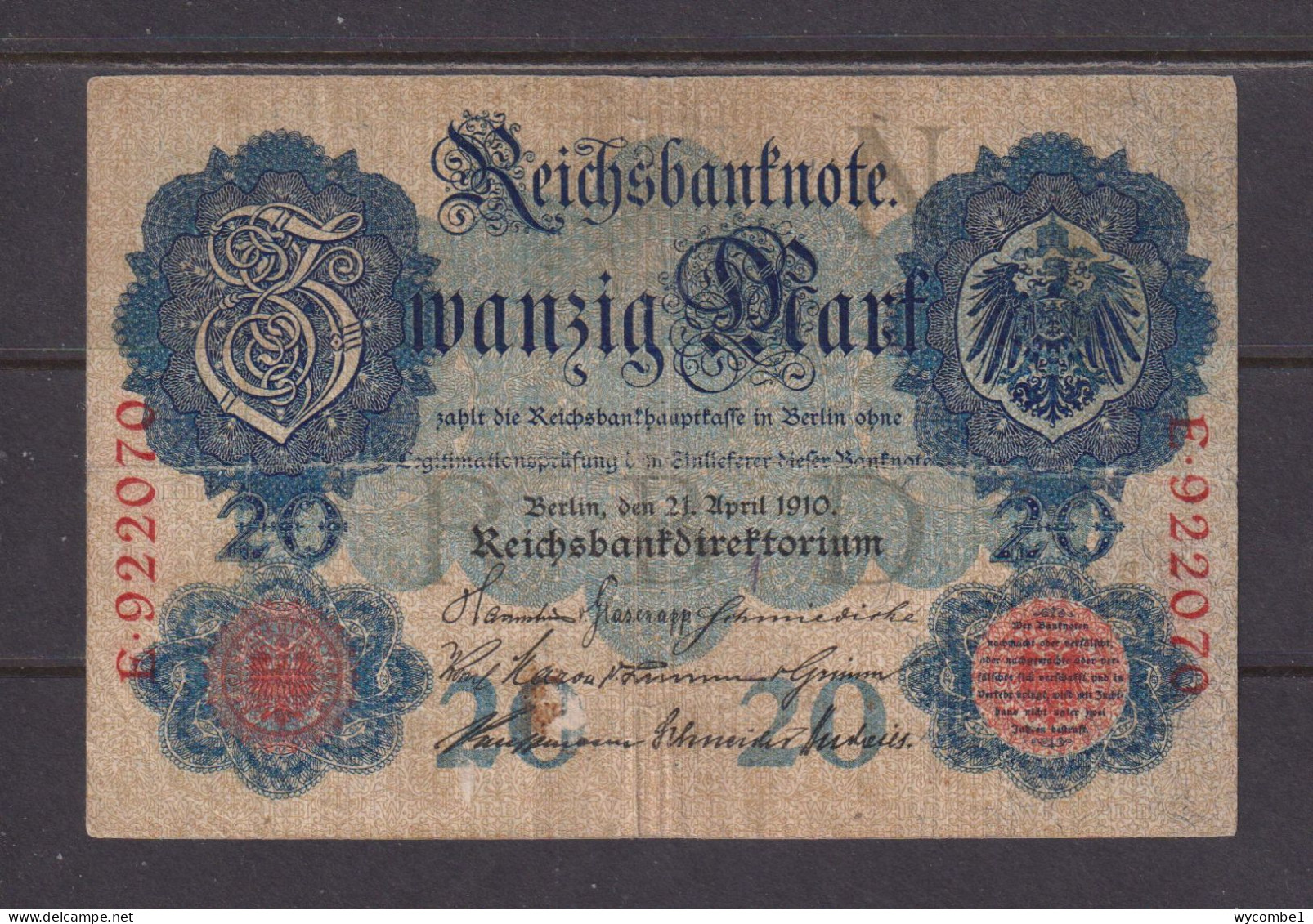 GERMANY - 1910 20 Mark Circulated Banknote As Scans - 20 Mark