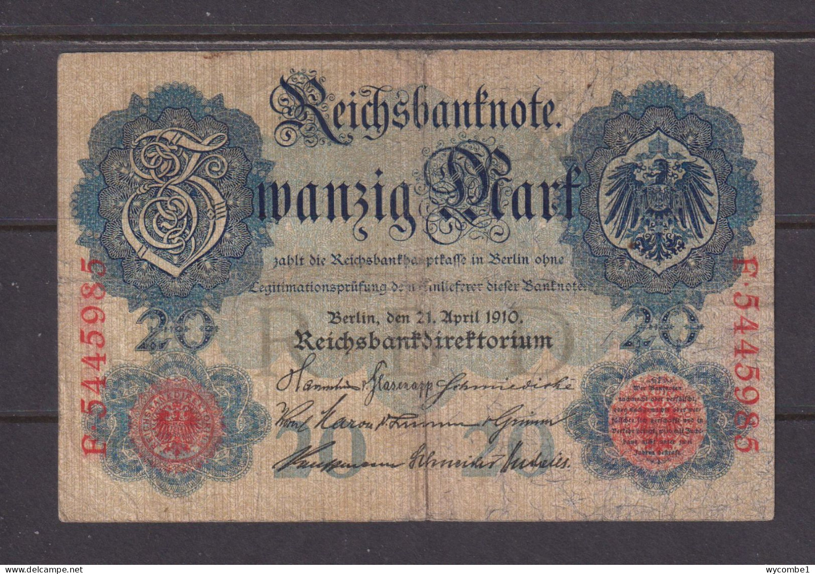 GERMANY - 1910 20 Mark Circulated Banknote As Scans - 20 Mark