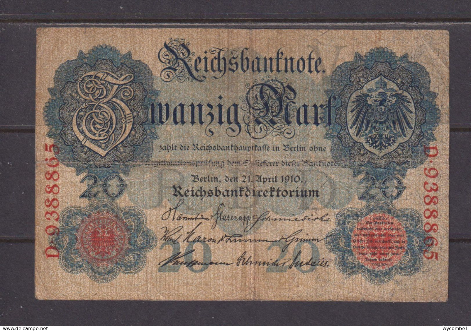 GERMANY - 1910 20 Mark Circulated Banknote As Scans - 20 Mark