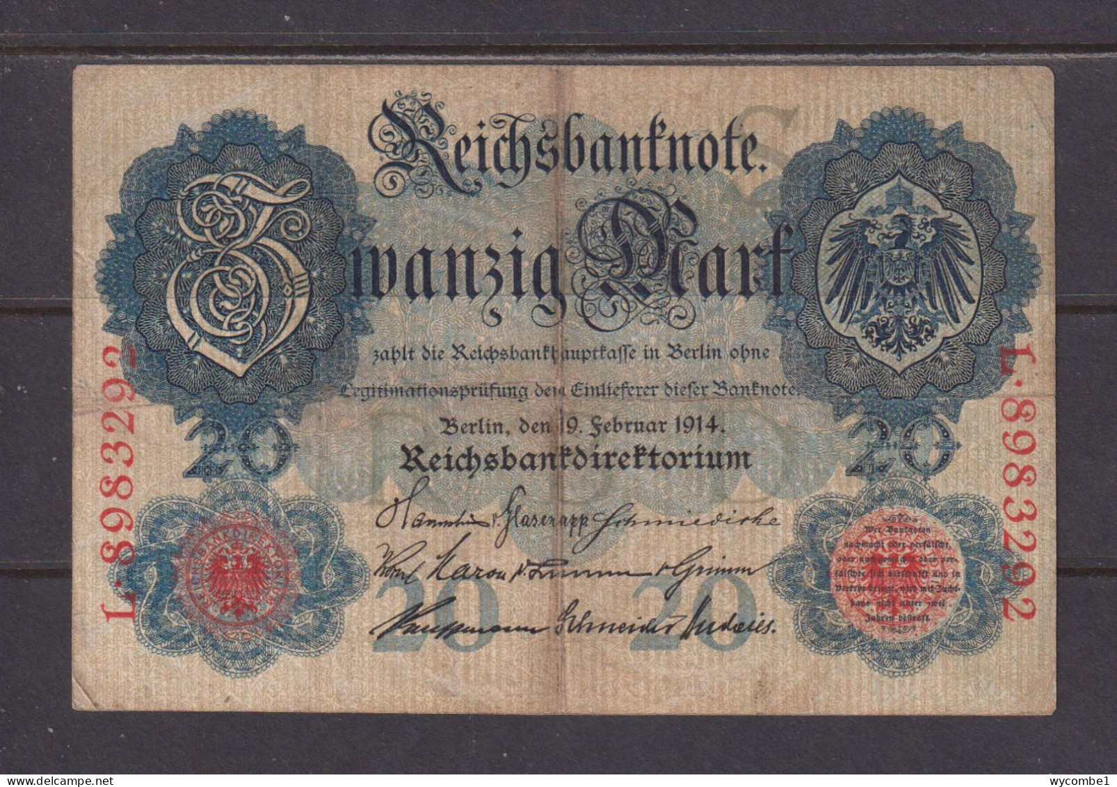 GERMANY - 1914 20 Mark Circulated Banknote As Scans - 20 Mark