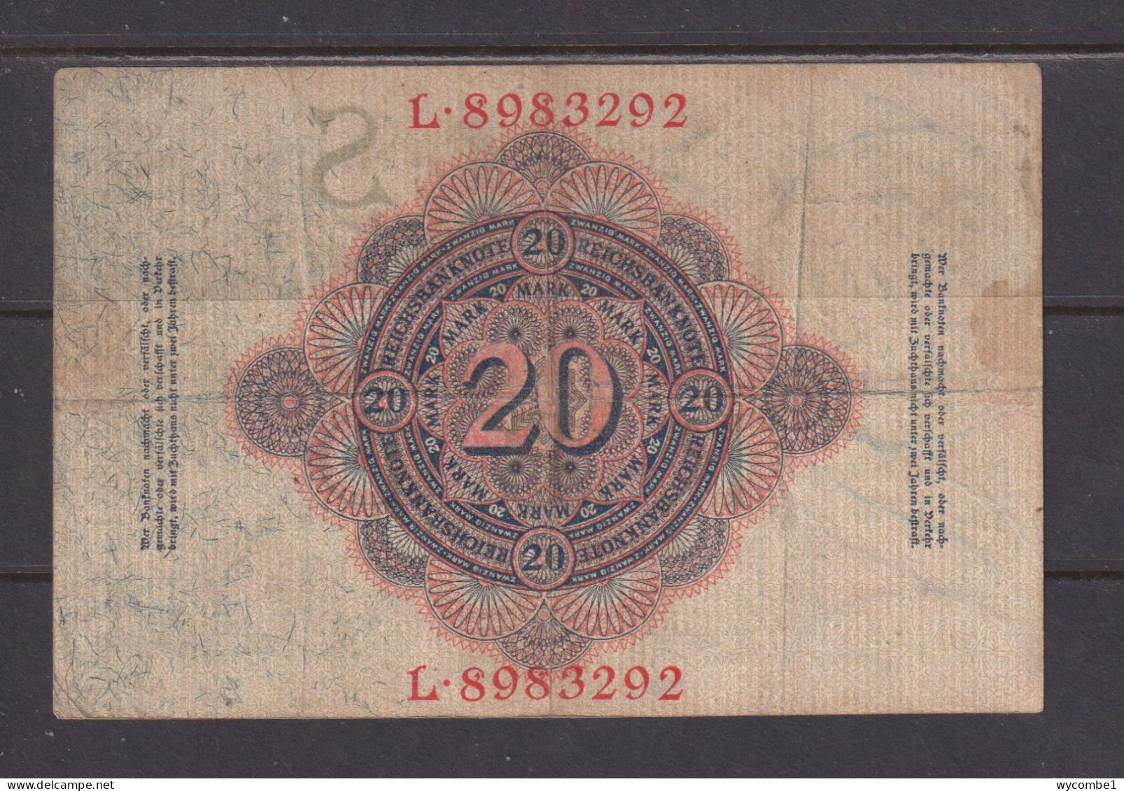 GERMANY - 1914 20 Mark Circulated Banknote As Scans - 20 Mark