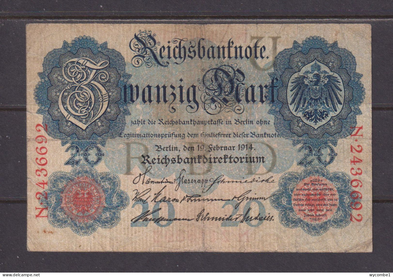 GERMANY - 1914 20 Mark Circulated Banknote As Scans - 20 Mark