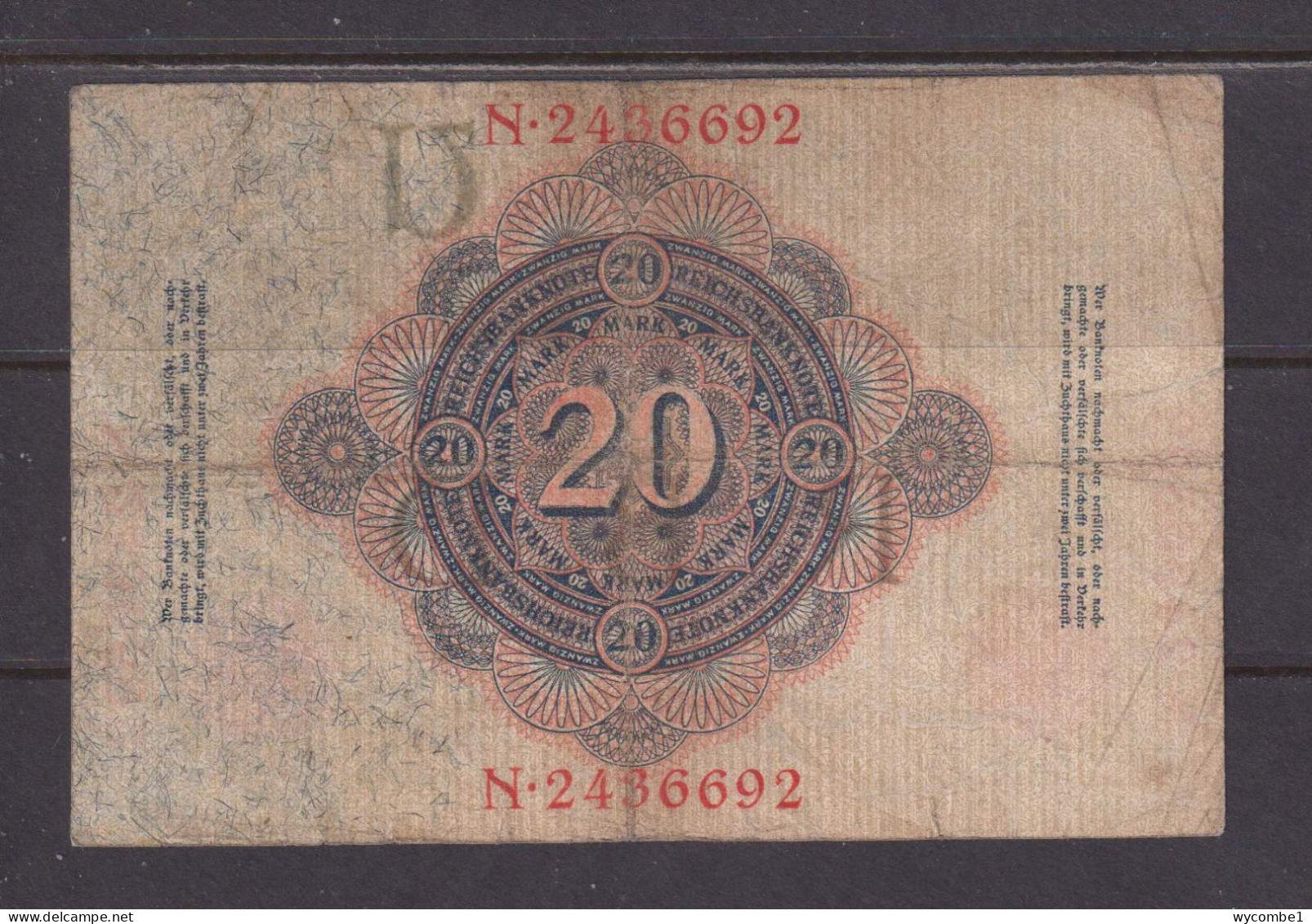 GERMANY - 1914 20 Mark Circulated Banknote As Scans - 20 Mark