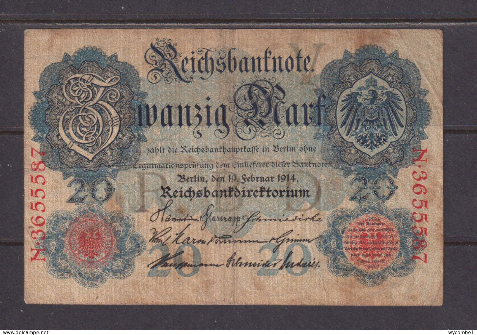 GERMANY - 1914 20 Mark Circulated Banknote As Scans - 20 Mark