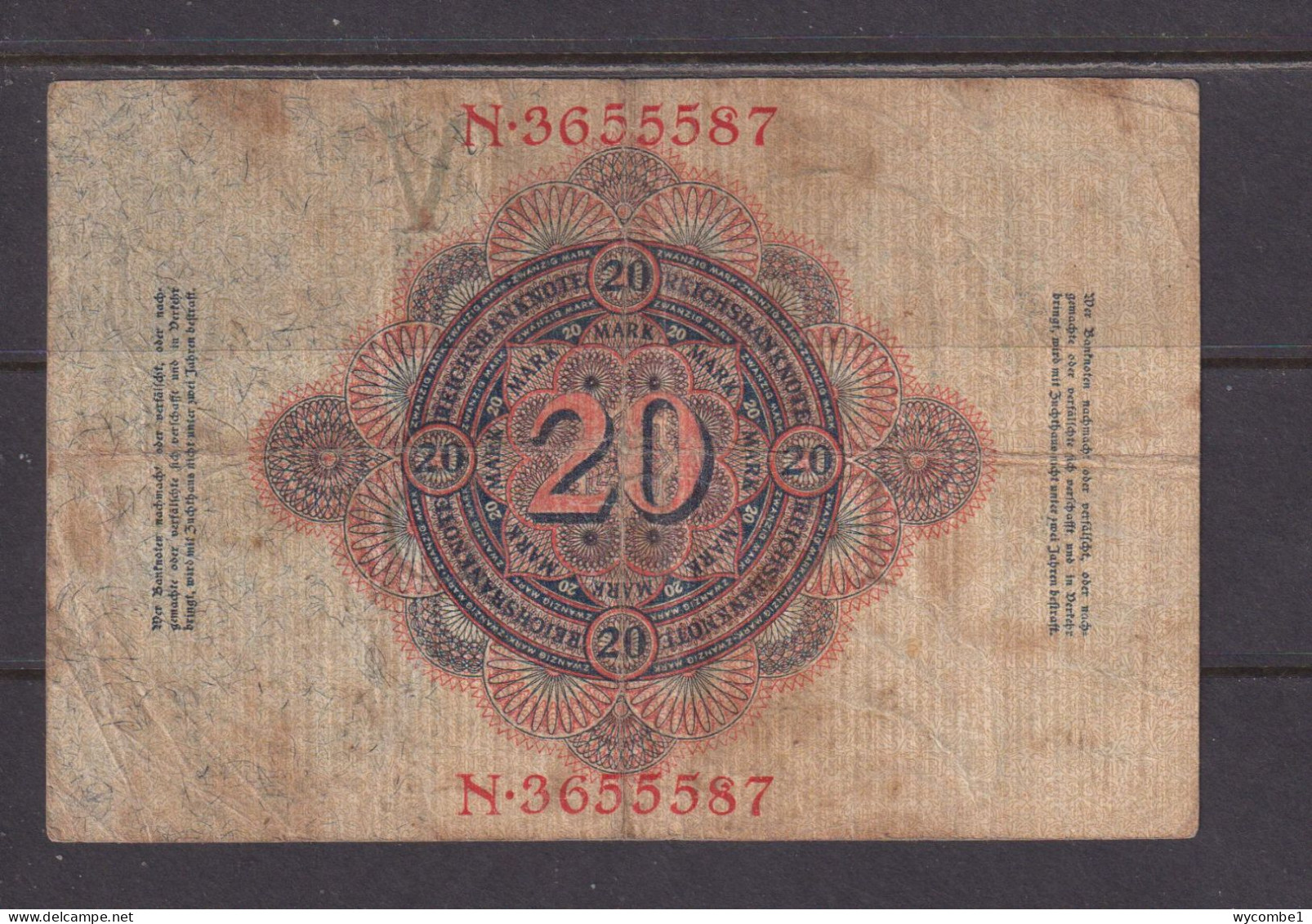 GERMANY - 1914 20 Mark Circulated Banknote As Scans - 20 Mark