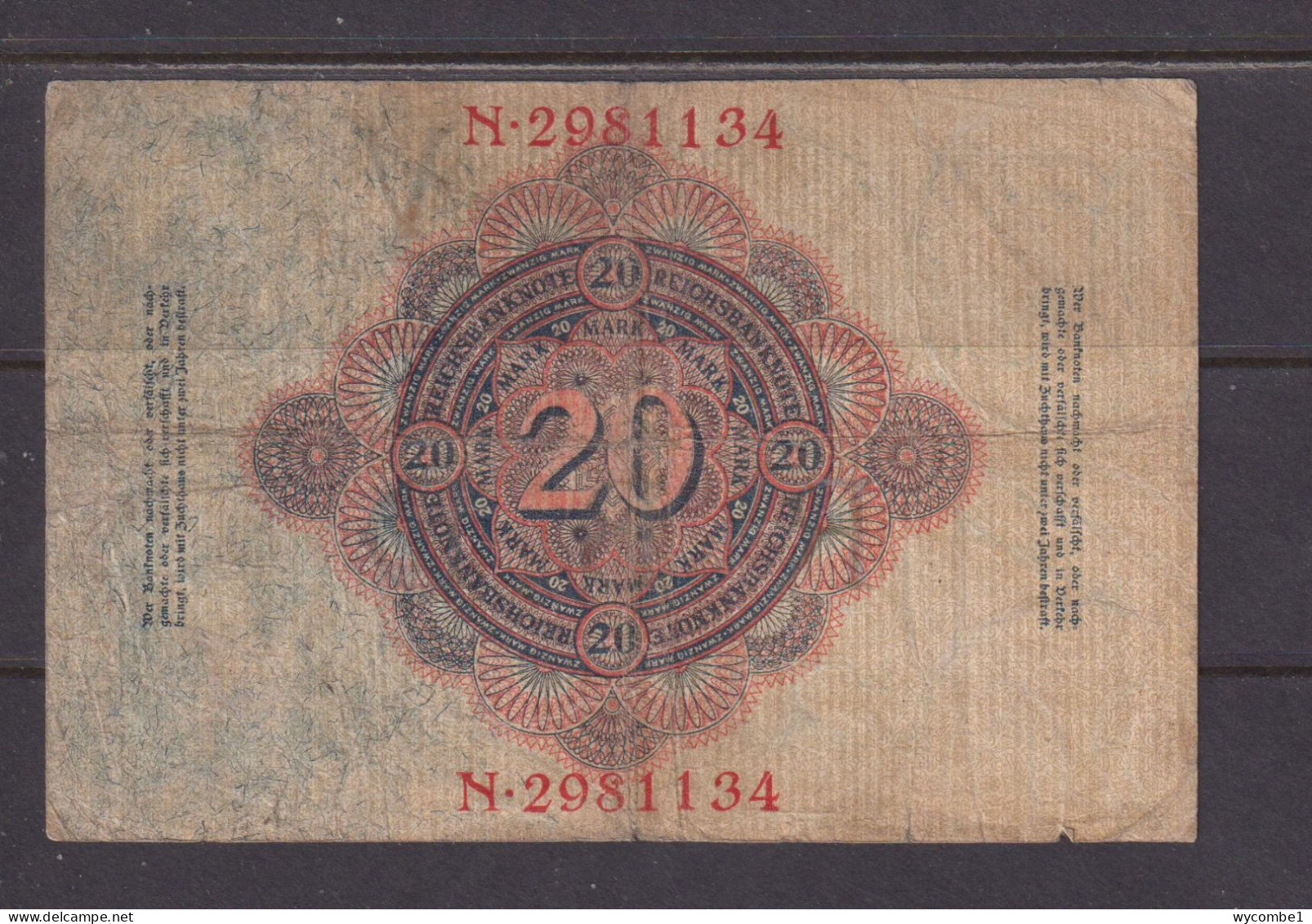 GERMANY - 1914 20 Mark Circulated Banknote As Scans - 20 Mark