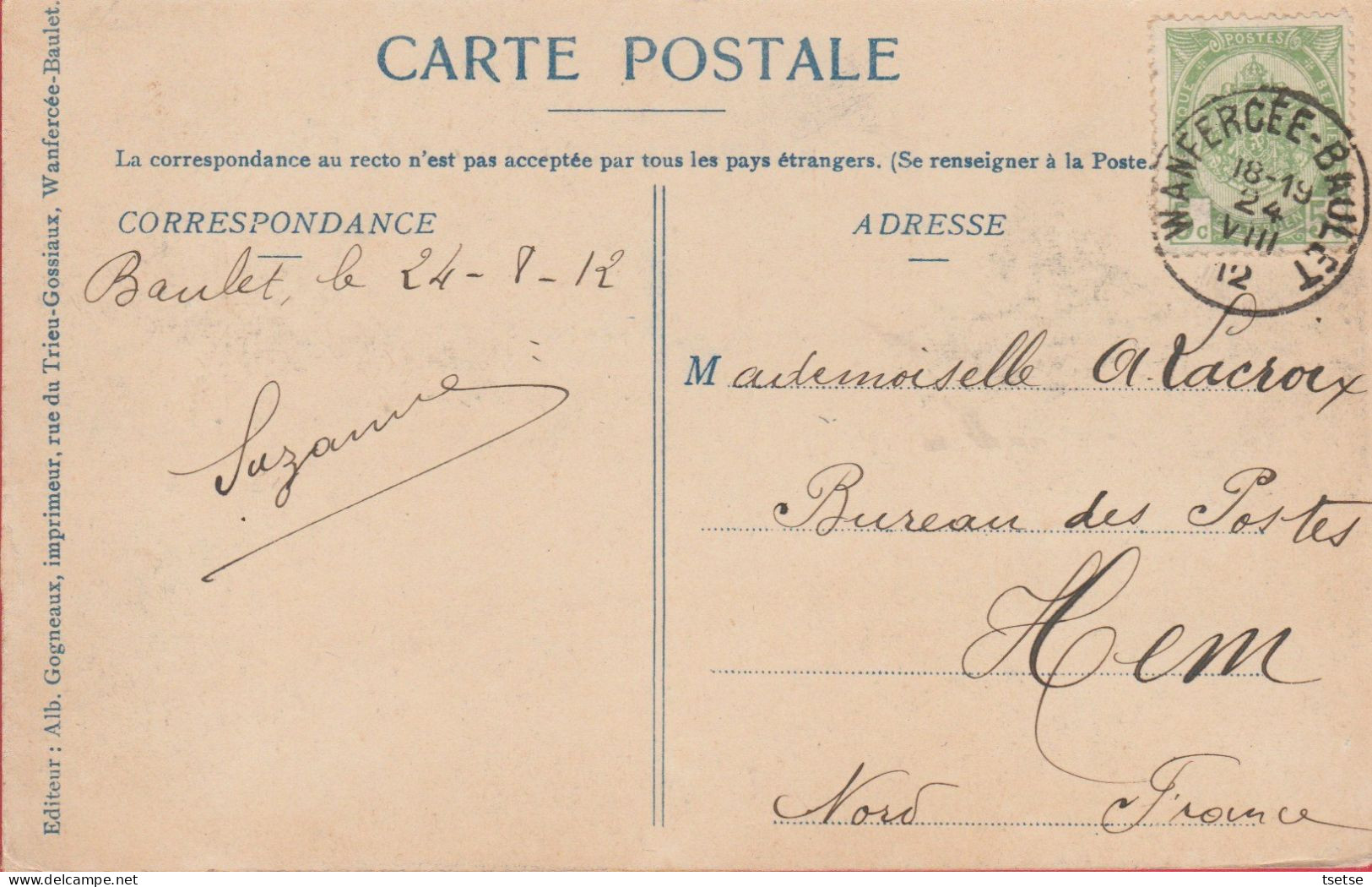 Wanfercée-Baulet - La Poste - Rue De La Cure -1912 ( Voir Verso ) - Fleurus