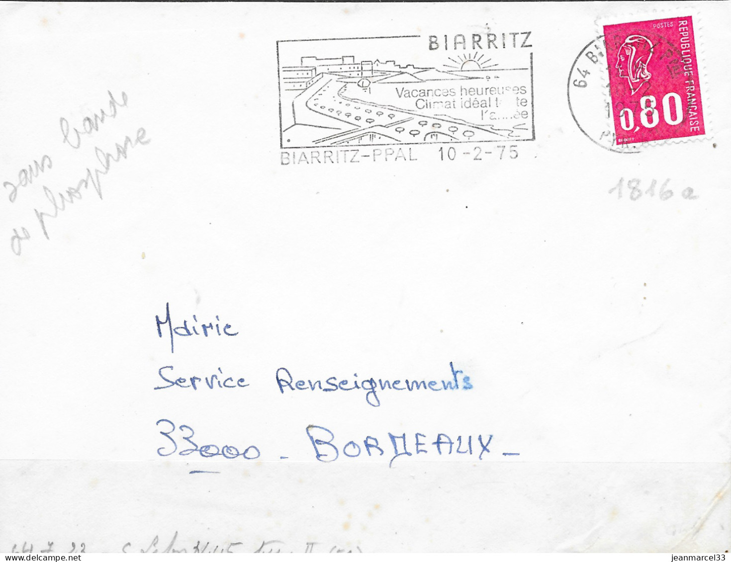 Variété Sur Lettre Sans Phosphore N° Yvert 1816a 0,80 Bequet Rouge  Oblitération Flamme =o 64 Biarritz 10-2-75 - Covers & Documents