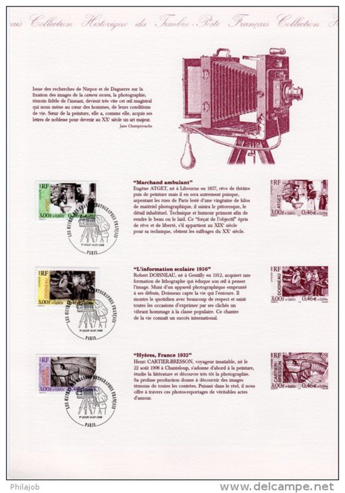 " OEUVRES DES GRANDS PHOTOGRAPHES " Sur Document Philatélique Officiel De 1999 (4 Pages) DPO N° YT 3262 à 3267. - Photography