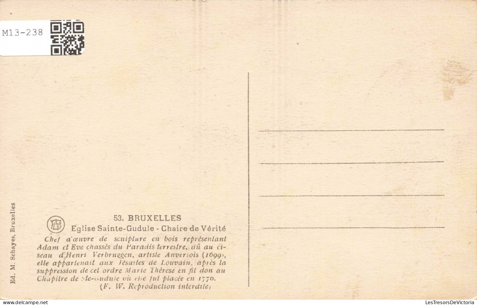 BELGIQUE - Bruxelles - Eglise Ste Gudule - Chaire Vérité - Carte Postale Ancienne - Weltausstellungen
