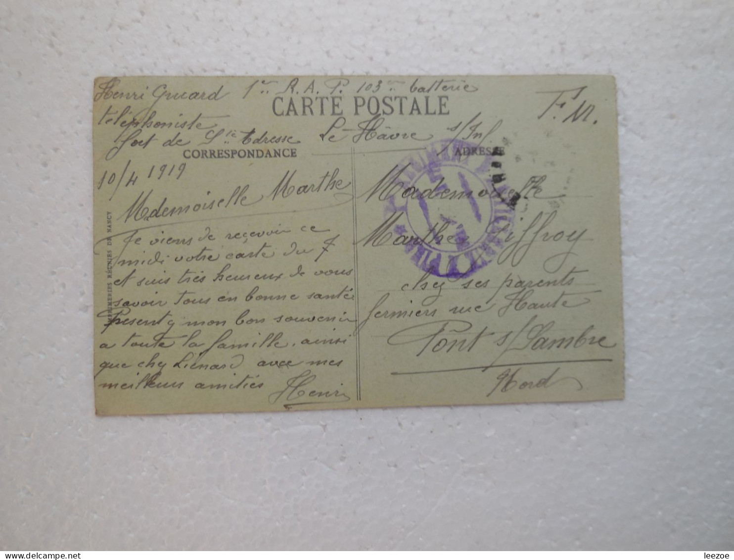 LE HAVRE LA GARE ET LE COURS DE LA REPUBLIQUE, Franchise Postale Militaire, 1er R.A.P 103ème Batterie .....CP13 - Stazioni