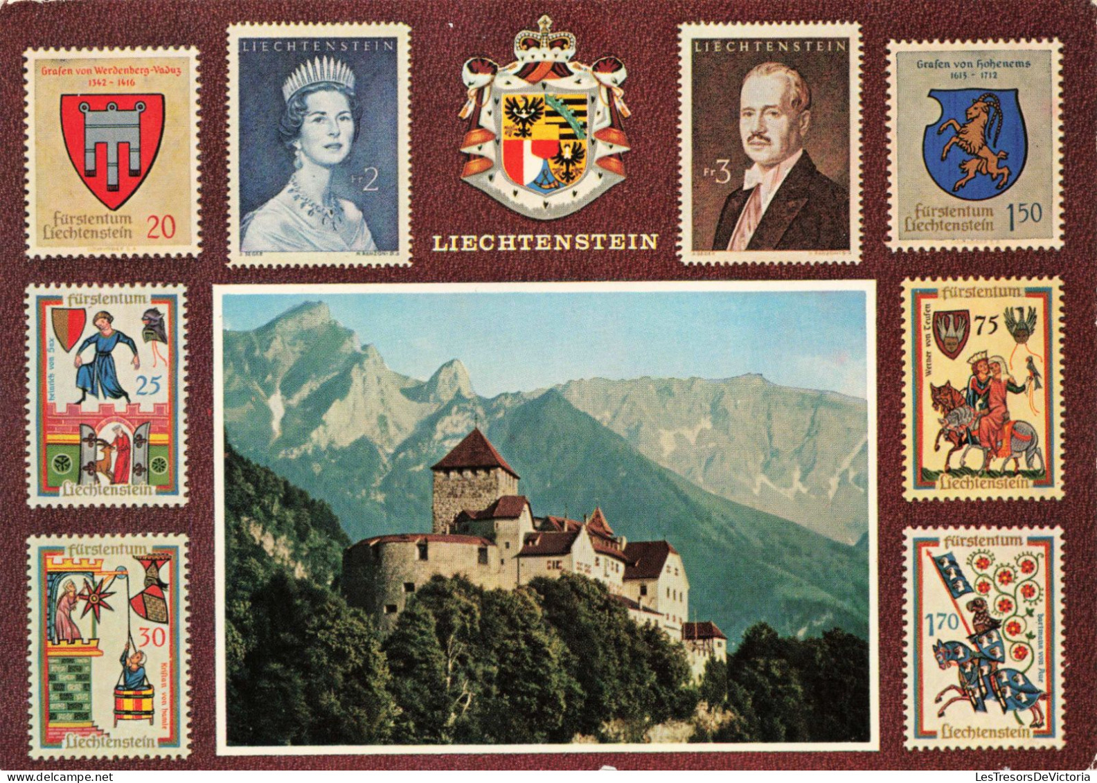 TIMBRES - Liechtenstein - La Reine D'Angleterre- Colorisé - Carte Postale Ancienne - Stamps (pictures)