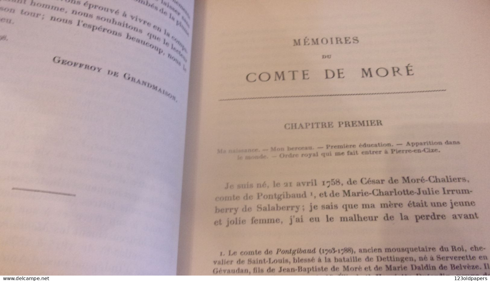 1898 Mémoires du Comte De Moré (1758-1837)  Moré de Pontgibaud / AUVERGNE GUERRE INDEPENDANCE US LA FAYETTE / EX LIBRIS