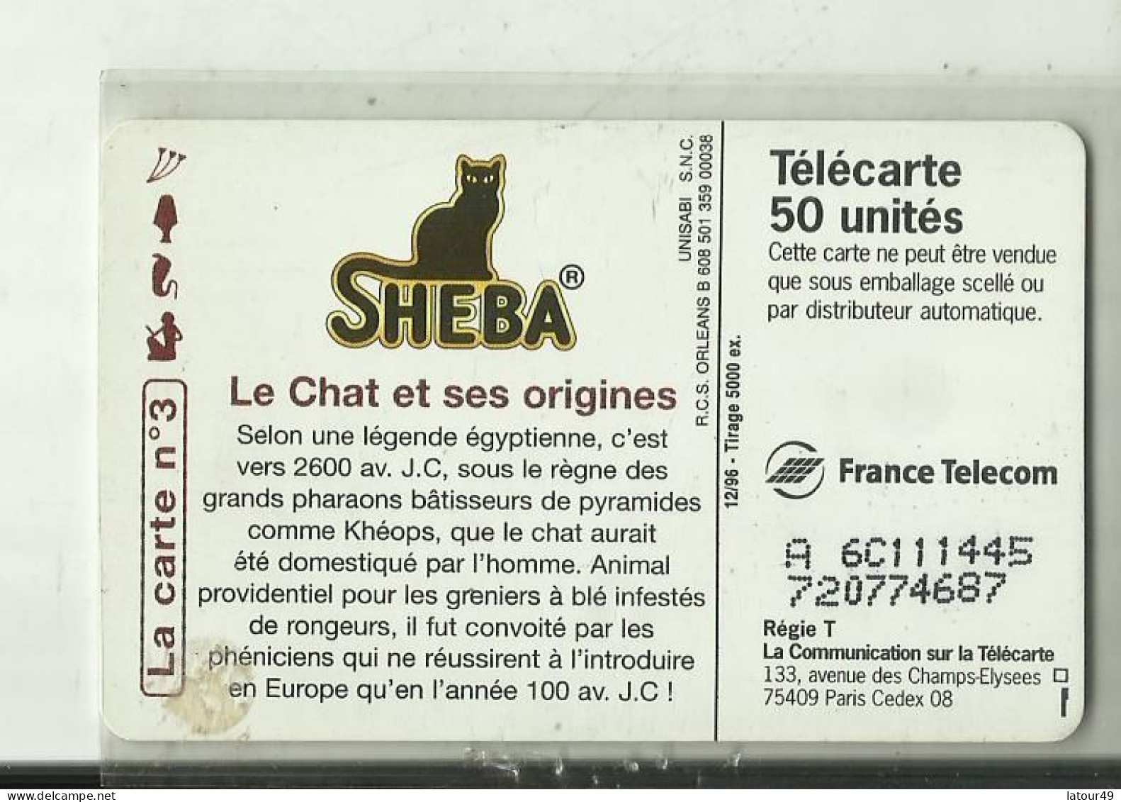 Telecarte No 3  Les Secrets De Sheba  5000 Ex - Chats