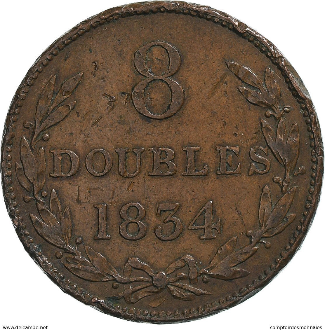 Guernesey, 8 Doubles, 1834, TTB, Cuivre, KM:3 - Guernsey