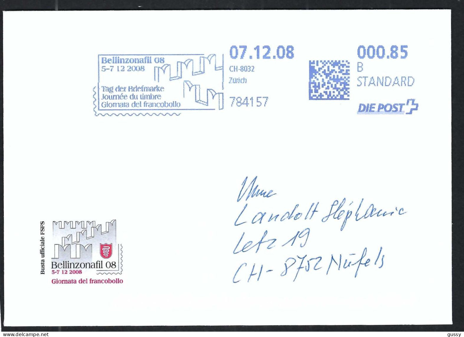 SUISSE 2008: LSC Ill. De Bellinzona (TI) Pour Näfels (GL) - Postage Meters